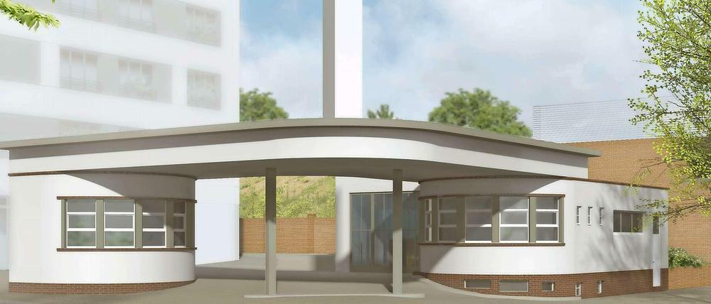 So stellen sich die Architekten das sanierte Baudenkmal vor. Die Reste der Holtzendorff-Garage sollen zum Café eines Biomarkts werden.