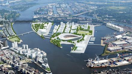 Die undatierte Visualisierung zeigt das geplante Olympiastadion auf dem Kleinen Grasbrook für die Olympischen Spiele 2024 in Hamburg. 