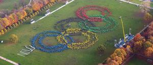 Mehrere Hundert Menschen bilden mit verschieden farbigen Ponchos am 8.11.2015 im Stadtpark in Hamburg die Olympischen Ringe im Rahmen der Olympia-Initiative "Feuer und Flamme für Hamburg 2024" nach. Am Sonntag entscheiden die Bürger in Hamburg und Kiel in einem Referendum, ob sich die Hansestadt Hamburg um Olympische Spiele 2024 bewerben soll.