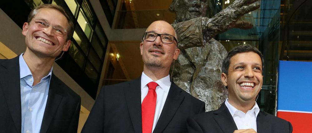 Die drei Spitzenmänner der Berlin SPD, Michael Müller, Jan Stöß und Raed Saleh (von links), wurden am Samstag in ihren Kreisverbänden für die Abgeordnetenhauswahl nominiert.