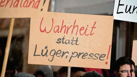 Im Nationalsozialismus wurde der Begriff „Lügenpresse“ häufig genutzt. Heute wird er von Pegida-Anhängern, hier bei einer Demo in Villingen-Schwenningen, verwendet. 
