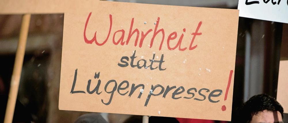 Im Nationalsozialismus wurde der Begriff „Lügenpresse“ häufig genutzt. Heute wird er von Pegida-Anhängern, hier bei einer Demo in Villingen-Schwenningen, verwendet.