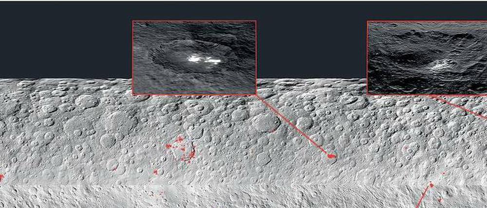 Es leuchtet. Auf dem knapp 1000 Kilometer großen Ceres hat die Sonde „Dawn“ helle Flecken und einen dünnen Nebel fotografiert. Offenbar befinden sich im Untergrund Wassereis und Mineralsalze.
