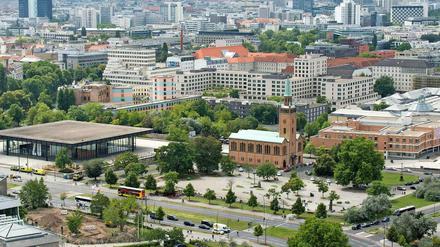 Vorne an der Potsdamerstraße soll das Museum der Moderne entstehen, im Ensembler mit Mies van der Rohes Neuer Nationalgalerie, der Matthäikirche, der Gemäldegalerie und Scharouns Philharmonie.