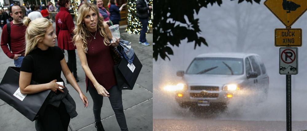 Wetter-Kapriolen in den USA: Die New Yorker gingen bei über 20 Grad an Heiligabend kurzärmelig zum Weihnachtsshopping, während im Raum Atlanta Straßen überflutet waren.