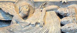 Aufwachen! Die heiligen drei Könige schlafen fest unter ihrer Decke. Säulenkapitell im Kapitelsaal der Kathedrale von Autun, 12. Jahrhundert.