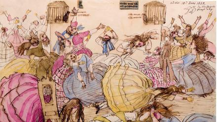 Ludwig Emil Grimms Zeichnung "Theater Wahnsinn" von 1858 (Aussschnitt).