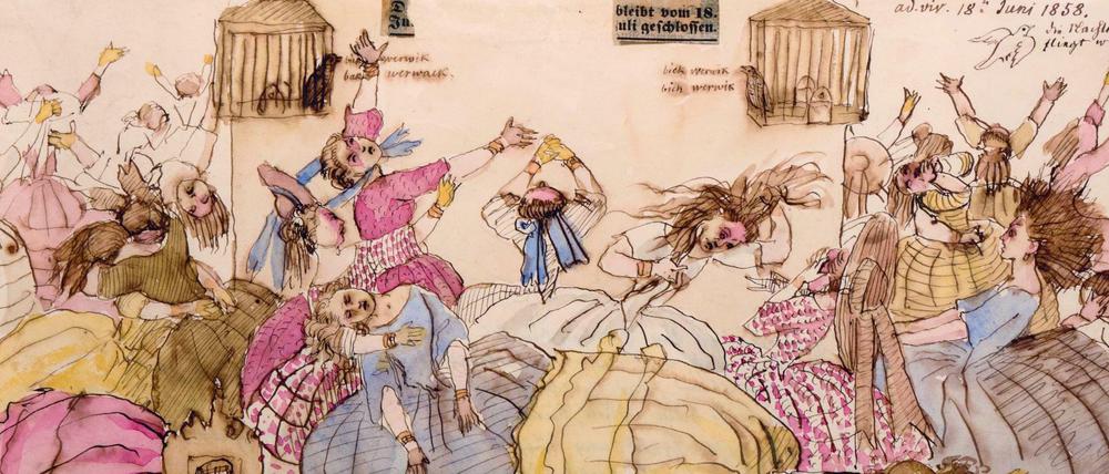 Ludwig Emil Grimms Zeichnung "Theater Wahnsinn" von 1858 (Aussschnitt).