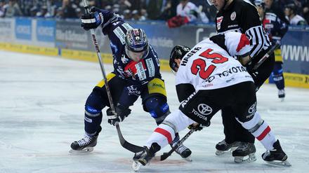 Blick nach unten, Mannschaft oben. Mark Olver von den Eisbären im Zweikampf mit dem Kölner Patrick Hager. 