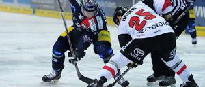 Blick nach unten, Mannschaft oben. Mark Olver von den Eisbären im Zweikampf mit dem Kölner Patrick Hager. 