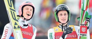 Zwei Höllenhunde auf dem Weg zum Himmel. Severin Freund (l.) und Peter Prevc sind sich erstaunlich ähnlich. Foto: dpa/Karmann