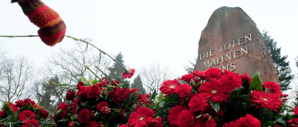 Lieblingsfarbe Rot: Ein Teilnehmer der Gedenkveranstaltung legt am Sonntag eine Nelke für Rosa Luxemburg und Karl Liebknecht nieder.