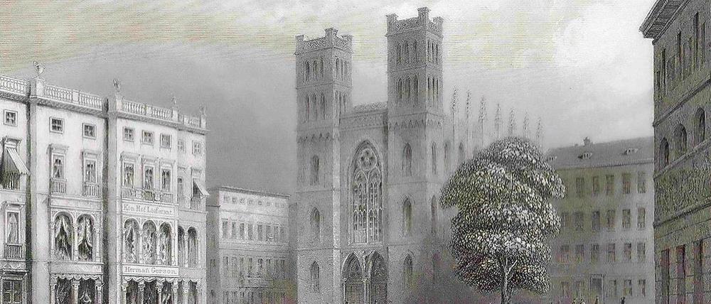 Der Platz vor der Friedrichwerderschen Kirche um 1850. Auch damals war die Kirche von Häusern umringt, diese waren aber nicht so gewaltig und hoch wie die jetzigen Neubauten. Außerdem passten sie architektonisch erheblich besser zu dem Gotteshaus.