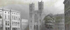 Der Platz vor der Friedrichwerderschen Kirche um 1850. Auch damals war die Kirche von Häusern umringt, diese waren aber nicht so gewaltig und hoch wie die jetzigen Neubauten. Außerdem passten sie architektonisch erheblich besser zu dem Gotteshaus. 