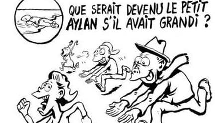 "Was wäre aus dem kleinen Aylan geworden, wenn er überlebt hätte?", heißt es in der Karikatur, die "Charlie Hebdo" zeigt. Die Antwort: "Ein Hinterngrapscher in Deutschland". 
