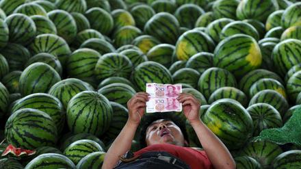 Ein Wassermelonenverkäufer in Changzhi, China. 