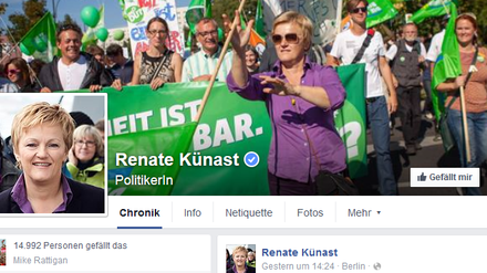 In den Sozialen Netzwerken präsent: So sieht der Facebook-Auftritt von Renate Künast aus.