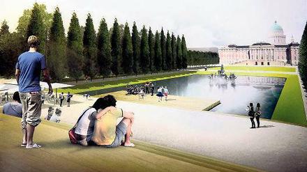 Neue Perspektiven. So sähe der Blick vom Neptunbassin zum Landtagsschloss aus – über die „Wiese des Volkes“ und die hier kaum auszumachende Breite Straße.