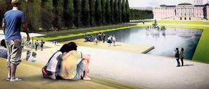 Neue Perspektiven. So sähe der Blick vom Neptunbassin zum Landtagsschloss aus – über die „Wiese des Volkes“ und die hier kaum auszumachende Breite Straße.