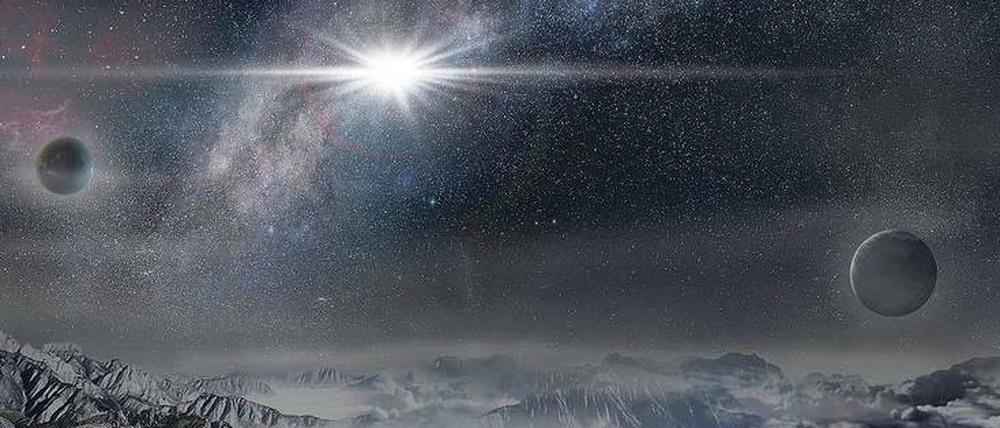 Fiktion. So würde die Supernova über einem 10 000 Lichtjahre entfernten Exoplaneten strahlen. Von der Erde aus war kaum etwas zu sehen.