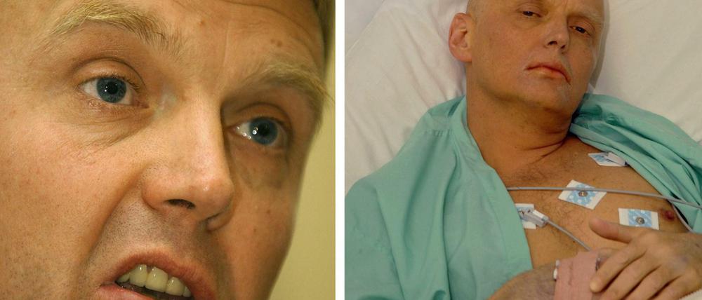 Die Bilder zeigen den früheren russischen Spion Alexander Litwinenko einmal während einer Pressekonferenz im Jahr 2004 in London und einmal im Krankenhaus im November 2006 kurz vor seinem Tod.