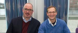 Genossen im Pulli. Der Berliner SPD-Chef Jan Stöß und der Regierende Bürgermeister Michael Müller am Sonnabend vor Beginn der Klausurtagung.