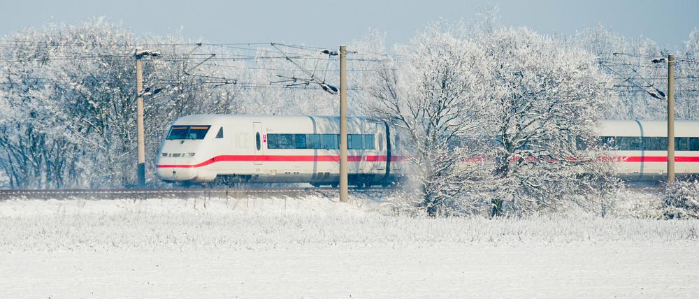 So hatten sich die Reisenden ihr Fahrt vorgestellt. Ein ICE gleitet majestätisch durch eine winterliche Landschaft (Archivbild).