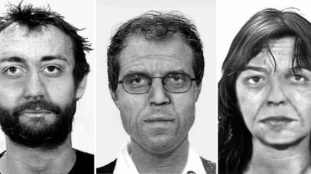 Die undatierten Handouts des Bundeskriminalamtes (BKA) zeigen Alterssimulationen von Burkhard Garweg (l-r), Ernst-Volker Wilhelm Staub und Daniela Klette.