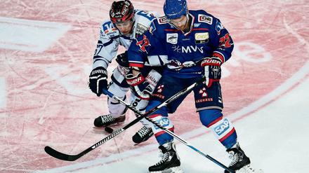 Schadensbegrenzung. Vor einer Woche mühten sich Mathieu Carle (r.) und die Adler zu einem 2:1 nach Verlängerung gegen Iserlohn (hier mit Marko Friedrich).