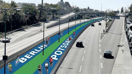Mittenmang. So sähe die Westtangente in Steglitz aus, wenn ein Radschnellweg angelegt würde. Die Autobahn ist eh nicht so ausgelastet wie einst kalkuliert. 