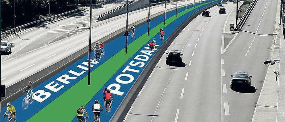 Mittenmang. So sähe die Westtangente in Steglitz aus, wenn ein Radschnellweg angelegt würde. Die Autobahn ist eh nicht so ausgelastet wie einst kalkuliert.