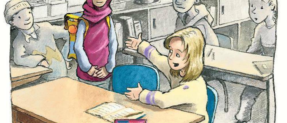 Willkommen. Rahaf versteht Emma am ersten Tag in der Schule überhaupt nicht, aber die beiden lernen schnell voneinander und werden gute Freundinnen.