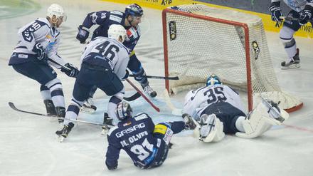 Im letzten Spiel vor der Nationalmannschaftspause gab es gegen die Hamburg Freezers ein 5:2. Hier stochert André Rankel (24, oben) den Puck für die Eisbären über die Linie.