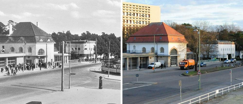 Der S-Bahnhof am Olympiastadion. Das linke Foto entstand Mitte der 30er, das rechts im Februar 2016.