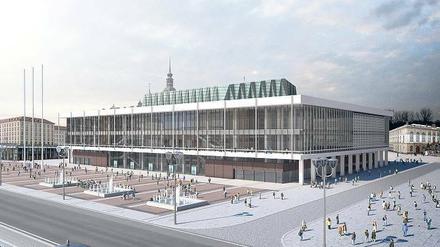 DDR-Ikone. Blick auf den Dresdener Kulturpalast von der Wilsdruffer Straße aus, im Hintergrund der Neumarkt.