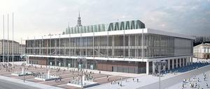 DDR-Ikone. Blick auf den Dresdener Kulturpalast von der Wilsdruffer Straße aus, im Hintergrund der Neumarkt.