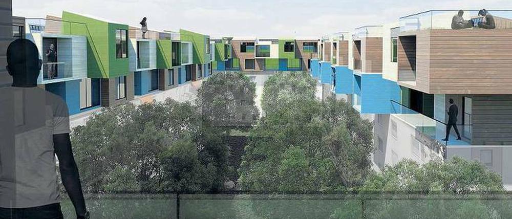 Architektur der Zukunft. Die Animation zeigt den Entwurf einer modularen Wohnsiedlung. Er stammt von Studenten der Berliner Beuth Hochschule.