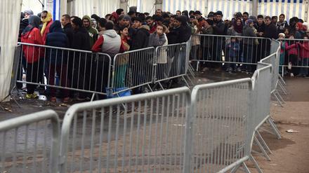 Flüchtlinge stehen in der Landeserstaufnahmestelle Ellwangen (Baden-Württemberg) vor der Essensausgabe an.