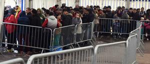 Flüchtlinge stehen in der Landeserstaufnahmestelle Ellwangen (Baden-Württemberg) vor der Essensausgabe an.