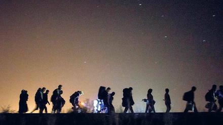 Nachtwanderung. Flüchtlinge sind auf dem Weg, die Grenze zwischen Ungarn und Serbien zu überqueren, eine Station der Balkanroute.