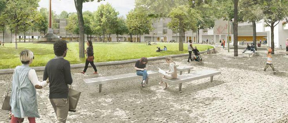 Ein breites Pflaster zum Spazieren, daneben Rasen zum Spielen, das ist der Plan für den neuen Mehringplatz.