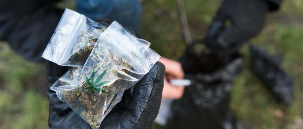 Drogenfund. Polizisten mit beschlagnahmten Marihuana-Tütchen in Kreuzberg.