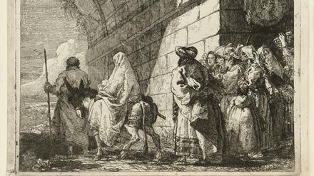 Giandomenico Tiepolo: Die Heilige Familie passiert einen Torbogen.