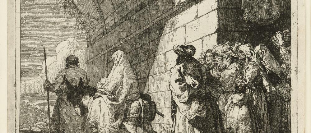 Giandomenico Tiepolo: Die Heilige Familie passiert einen Torbogen.