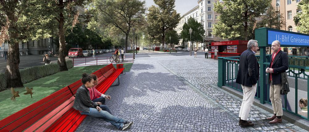Rote Ruhezone. Neue Bänke und einen durchgängigen Grünzug vom Südkreuz bis zum Park am Gleisdreieck.