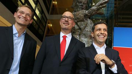 Ziehen an einem Strang: der Regierende Bürgermeister Michael Müller, Parteichef Jan Stöß und Fraktionschef Raed Saleh wollen gemeinsam die Wahl im Herbst gewinnen.
