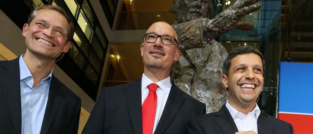 Ziehen an einem Strang: der Regierende Bürgermeister Michael Müller, Parteichef Jan Stöß und Fraktionschef Raed Saleh wollen gemeinsam die Wahl im Herbst gewinnen.