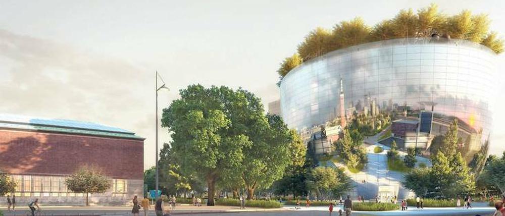So soll’s werden. Simulation des geplanten Gebäudes (Architektenbüros MVRDV), das als öffentlich zugängliches Depot mit Ausstellungsräumen und Dachgarten dient und damit einen Museumsbau neuen Typs darstellt. 2018 soll der Bau neben dem Museum Boijmans Van Beuningen eröffnet werden. 