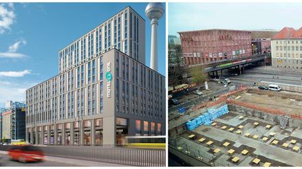 So sieht's aus. Der Neubau entsteht in der letzten Baulücke zwischen Fernsehturm und Alexa (rechts).