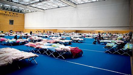 Zahlreiche Betten in einer großen Sporthalle.